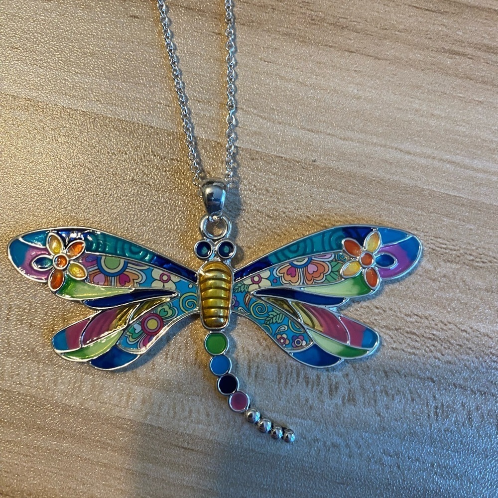 New Rain Jewelry Large Dragonfly Pendant Necklace Silver Chain Boho Blue Hippie - Picture 3 of 7